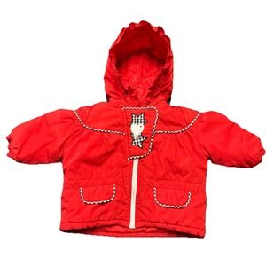 90s VTG Red Solid Plaid Ruffled Lined Hooded Coat Size 12 M Stars Hearts